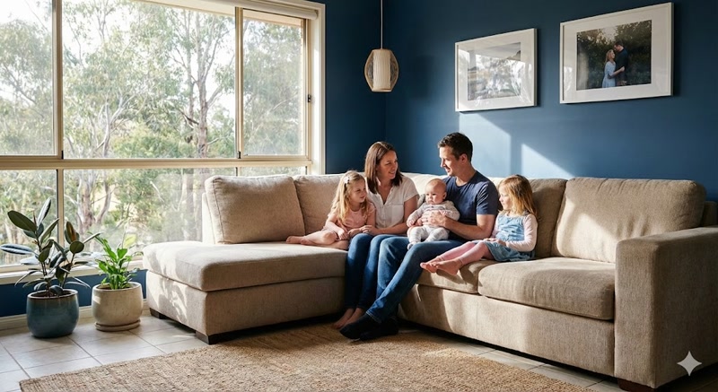 Gelukkige familie herenigd zittend op de bank in een grote woonkamer met een glazen raam