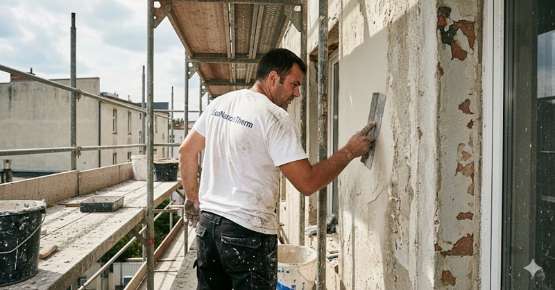 EcoNanoTherm medewerker brengt het IGK2-product aan op een buitenmuur